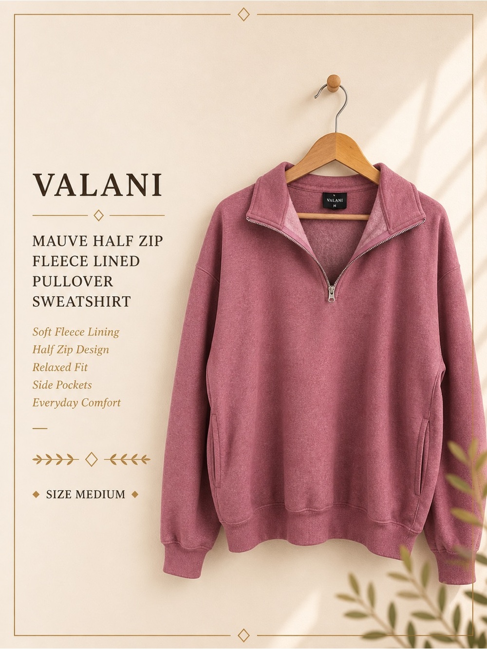 Valani Mauve Half Zip Fleece Lined Pullover Sweatshirt Size M